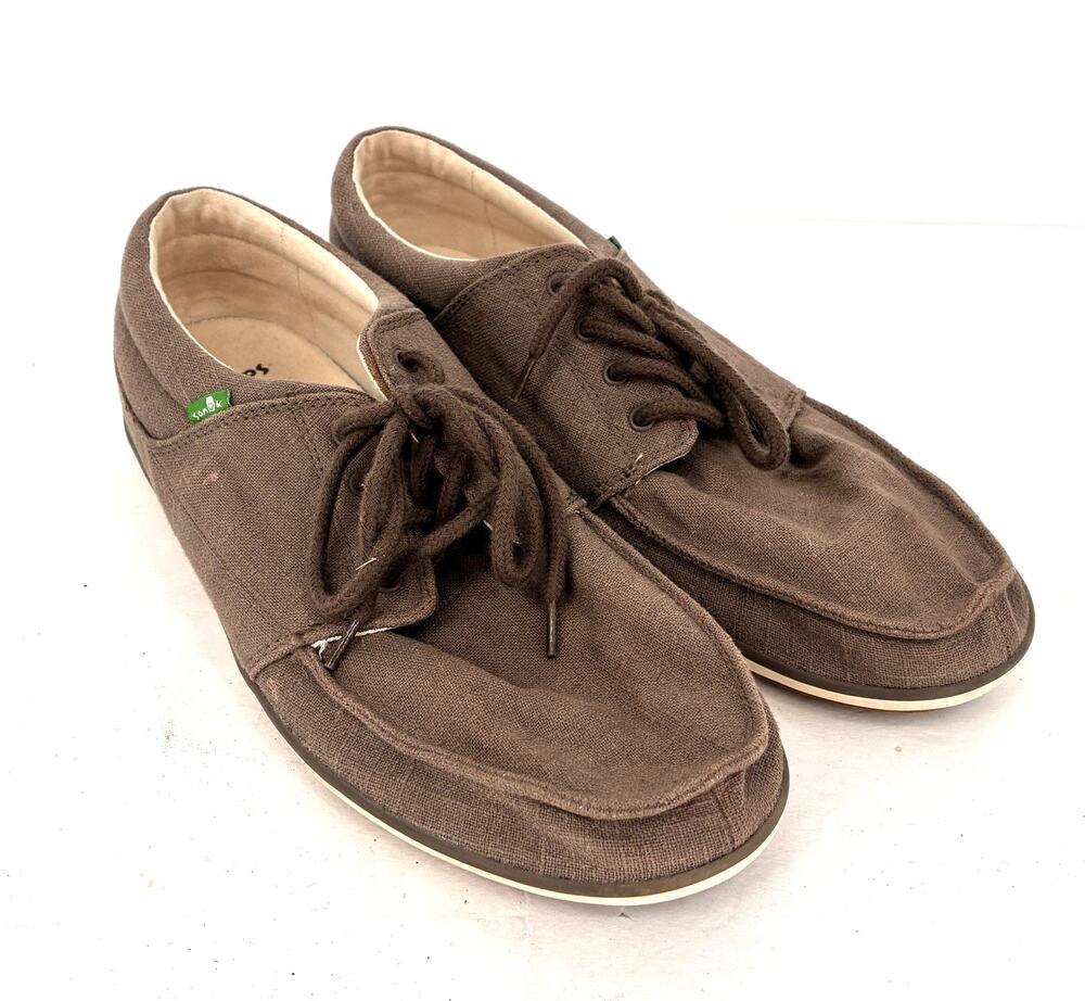 Sanuk Vagabond Brown Canvas Vegan Lace Up Loafers Slip On Shoes Mens Size 13